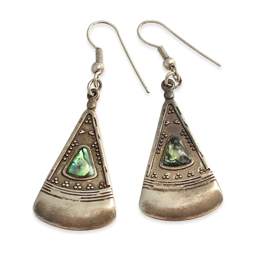 Vintage Abalone Shell Dangle Earrings Silver Tone Triangle Granulated Bohemian